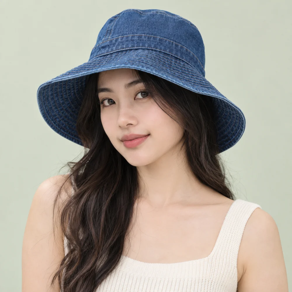 Mũ bucket vành rộng denim xanh dương phong cách đường phố