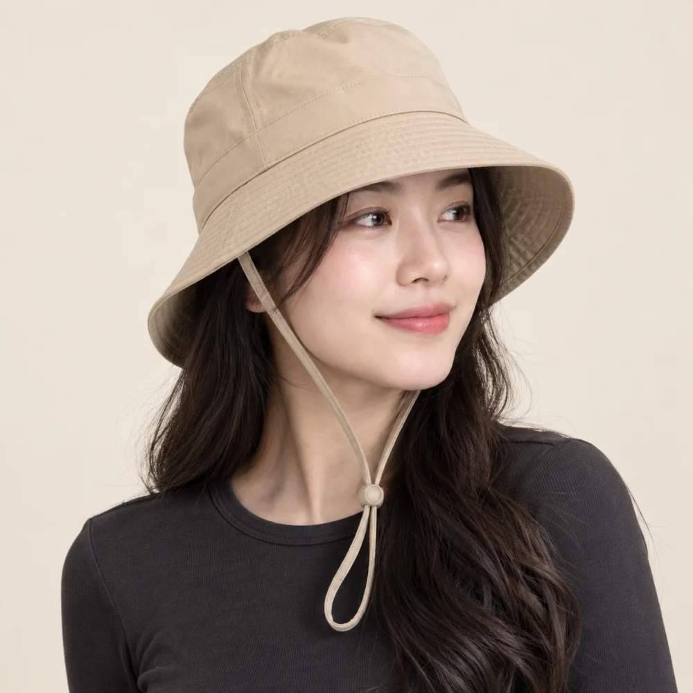 Mũ bucket có dây polyester màu be phong cách cổ điển