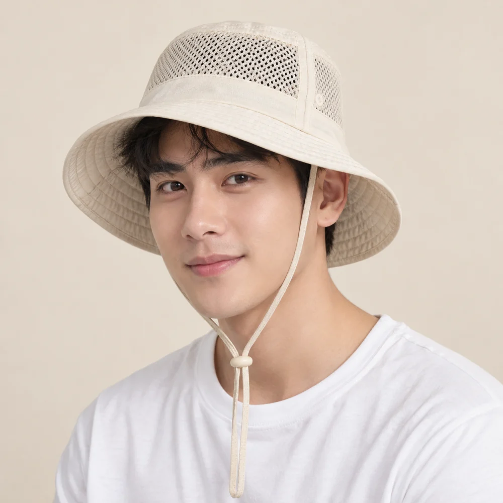 Mũ bucket trẻ em lưới thoáng màu kem dùng ngoài trời