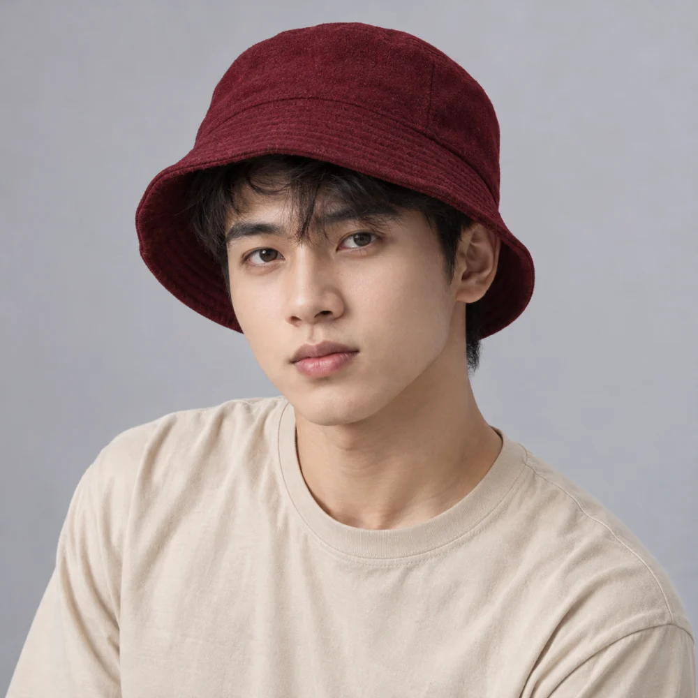 Mũ bucket trơn nỉ đỏ đô phong cách vintage
