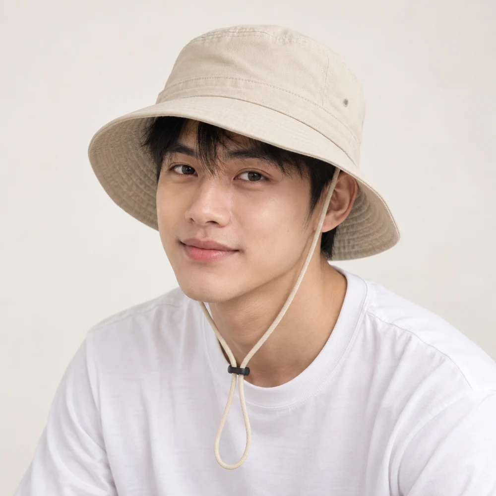 Mũ bucket có dây kaki màu kem phong cách thể thao