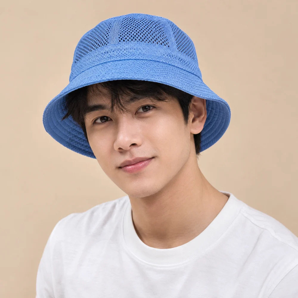 Mũ bucket trẻ em lưới thoáng xanh dương phong cách vintage