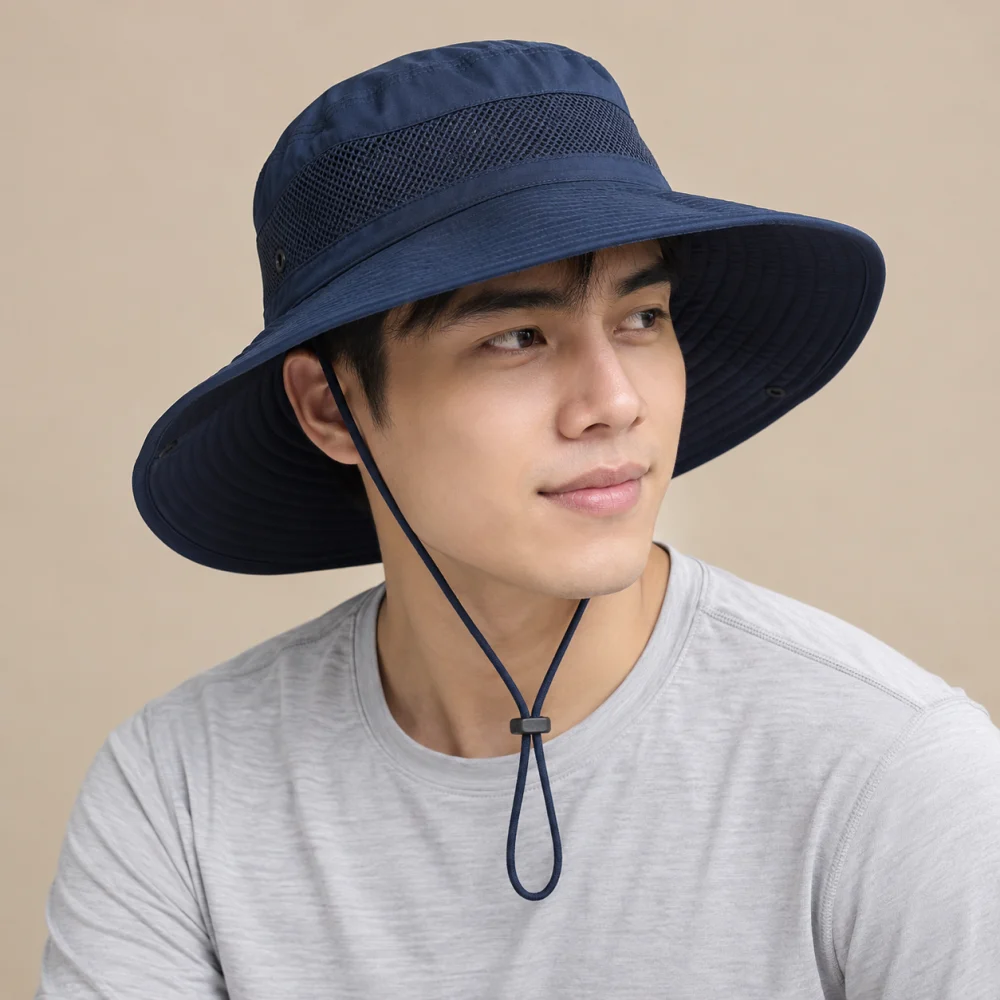 Mũ bucket vành rộng lưới thoáng xanh navy phong cách thể thao