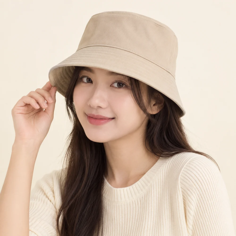 Mũ bucket trẻ em canvas màu be form đứng
