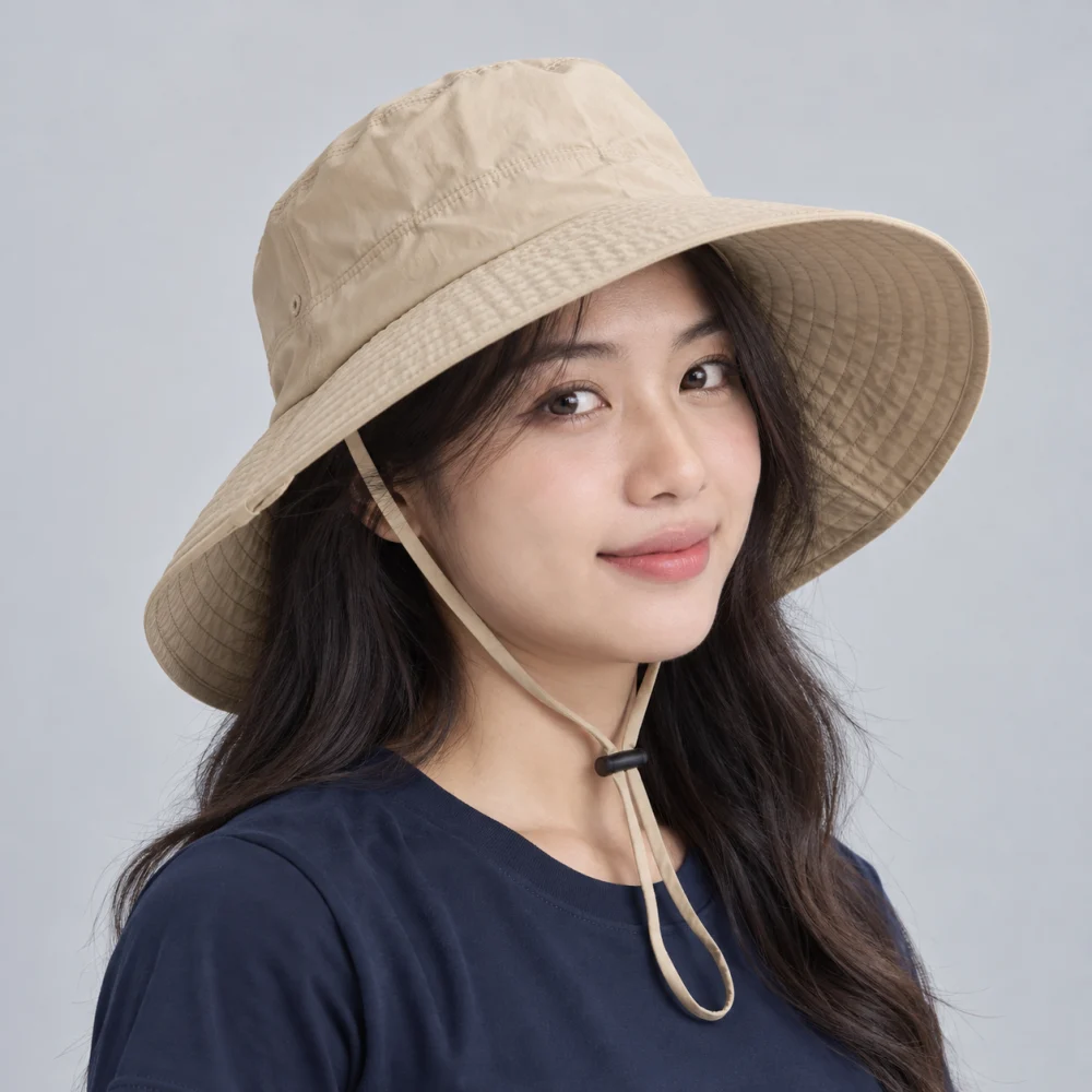 Mũ bucket vành rộng vải dù màu be dùng dã ngoại
