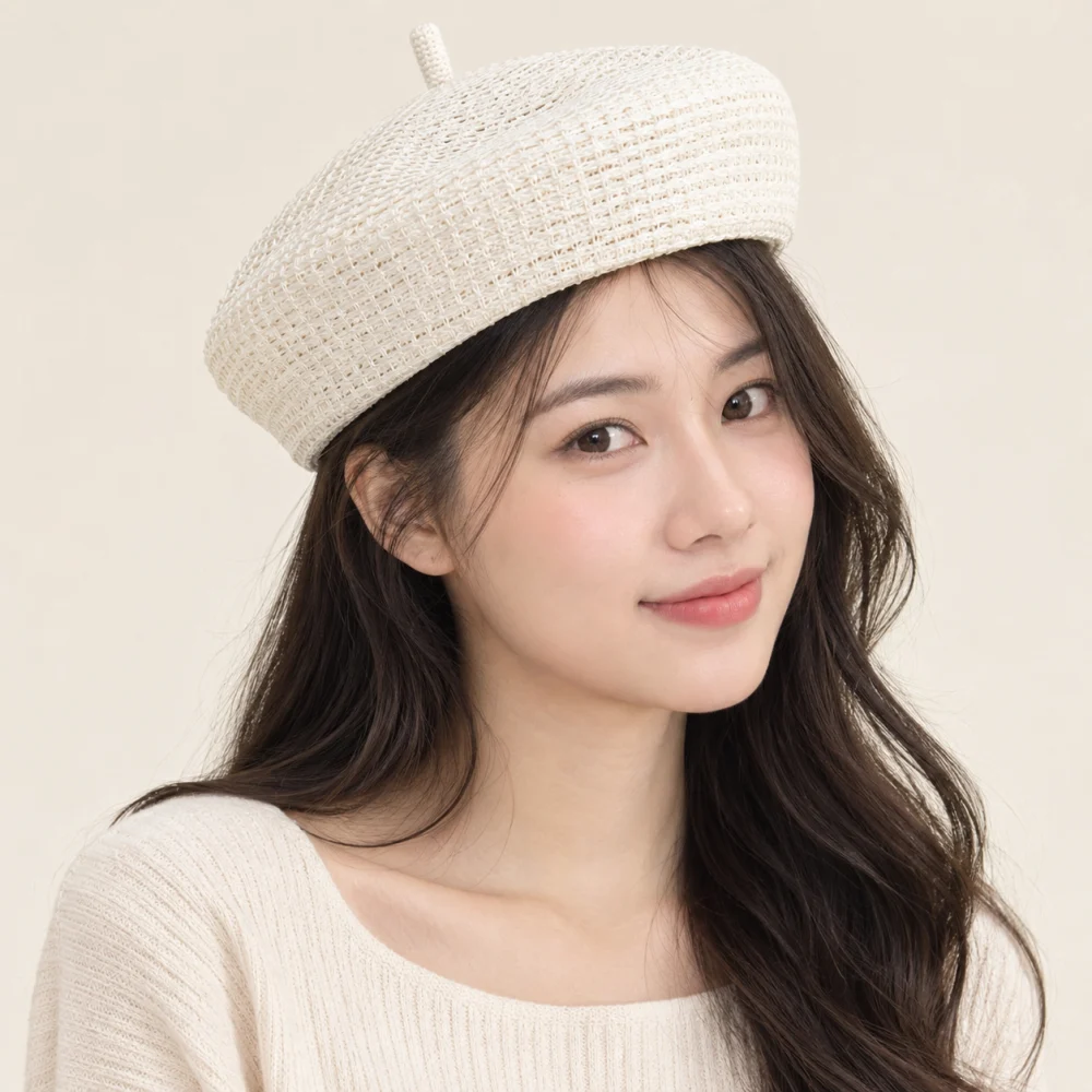 Mũ khác beret cói trắng form đứng