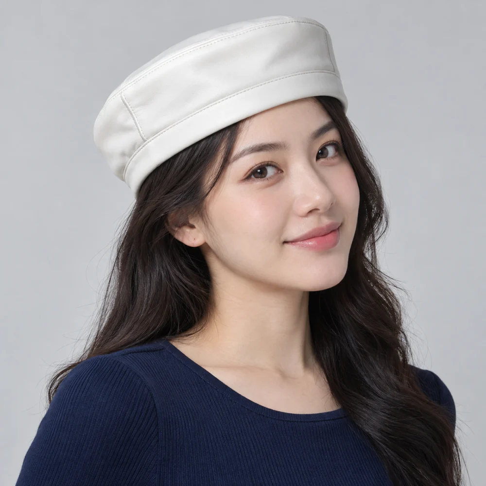 Mũ khác pillbox da mềm trắng kiểu thời trang