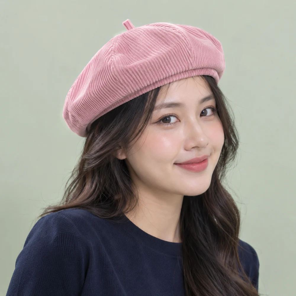 Mũ khác beret nhung tăm hồng pastel dùng dã ngoại