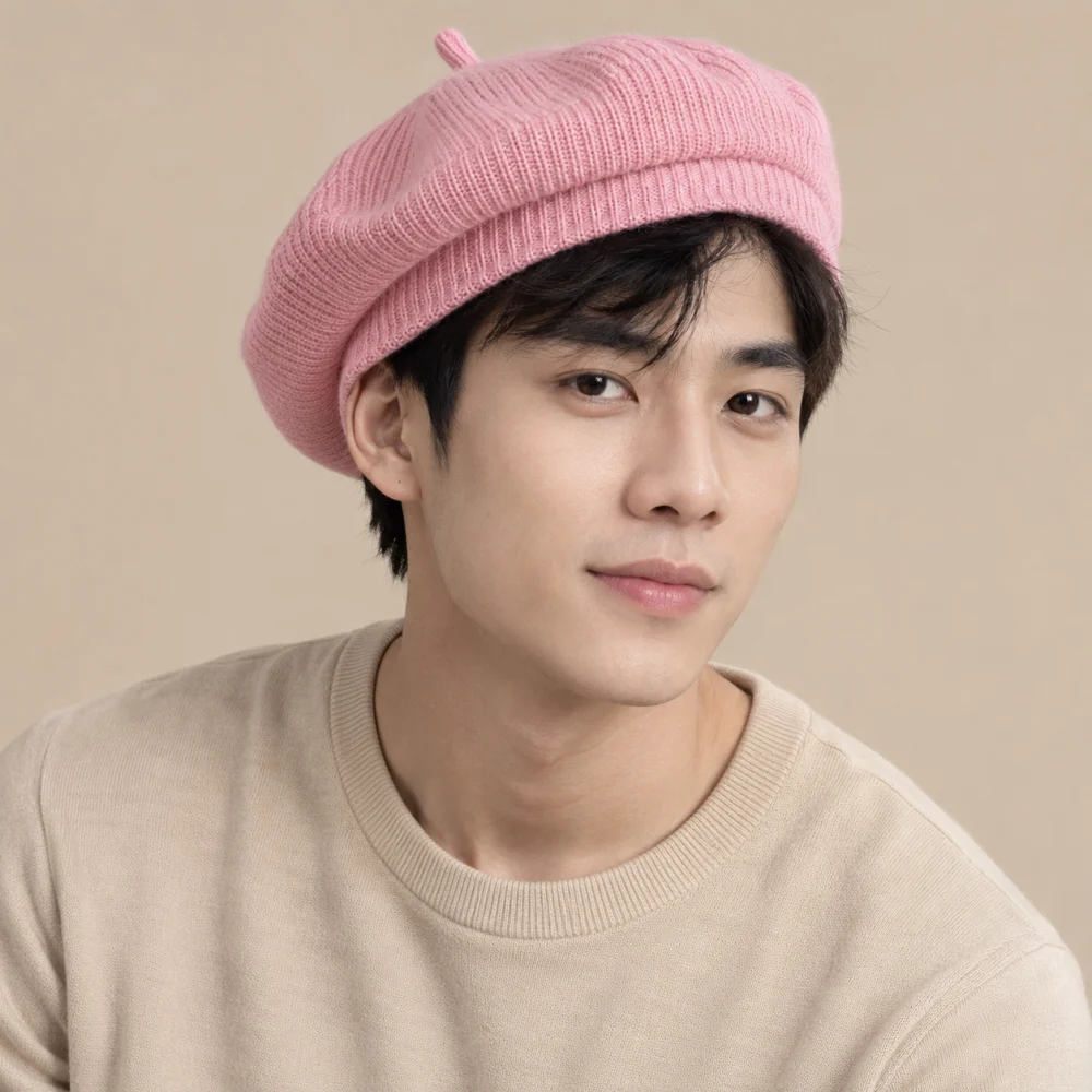 Mũ đồng phục sự kiện len mềm hồng pastel phong cách cổ điển