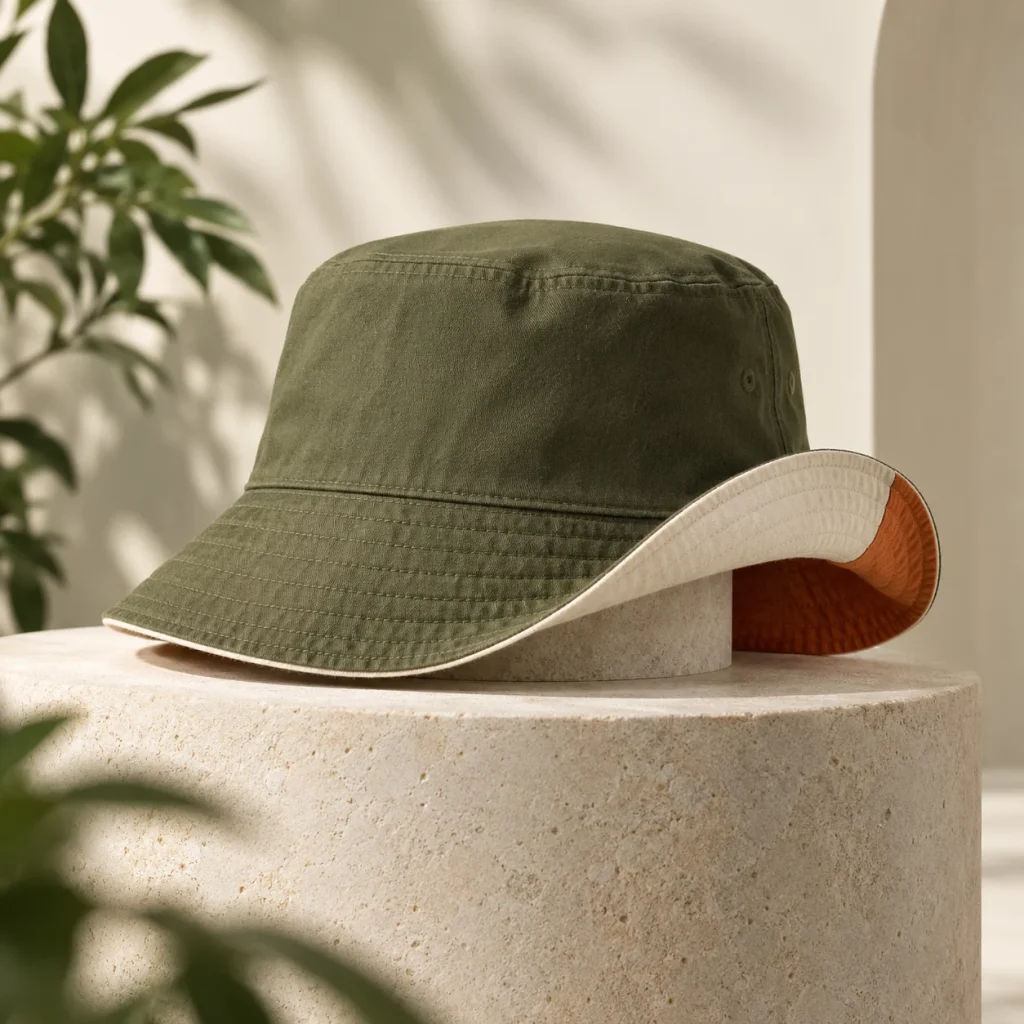 Mũ bucket hai mặt xanh olive và cam đất