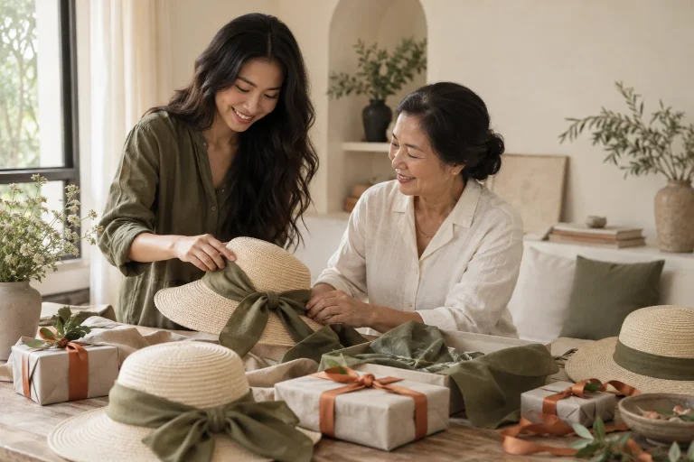 Hai thế hệ chuẩn bị mũ và quà tặng